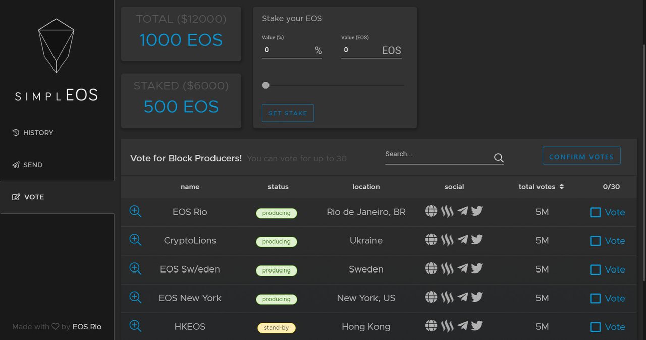 SimplEOS wallet interface showing EOS staking and Block Producer voting